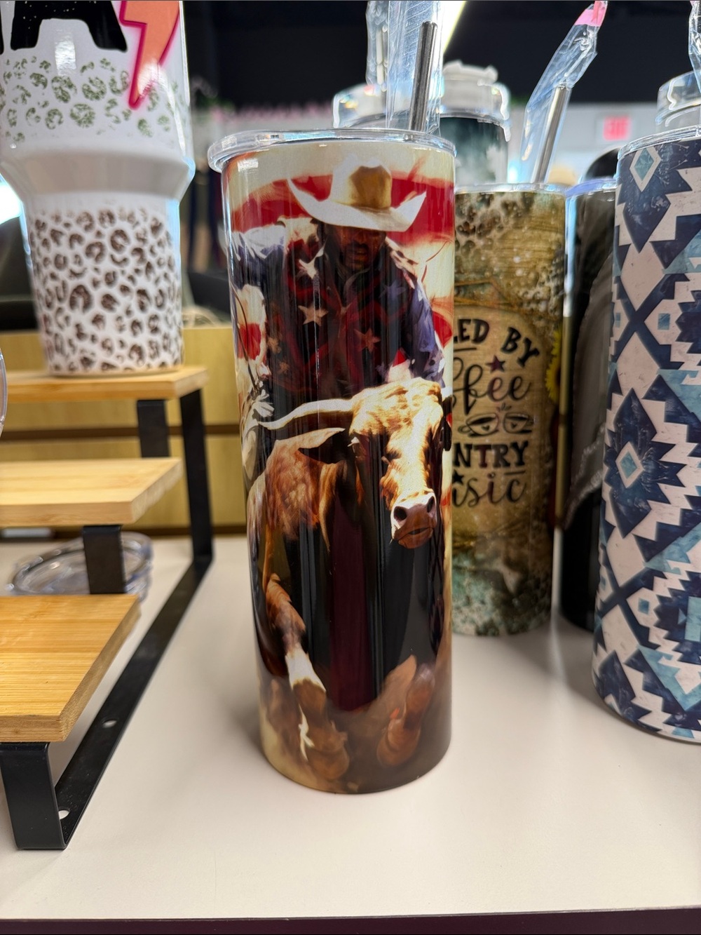 Cowboy & Bull Stainless Steel Tumbler - Patriotic Brown Design